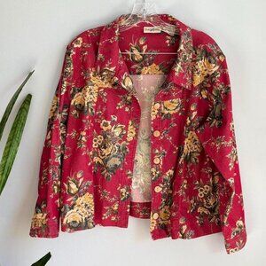 Travel Smith red floral lightweight button up cotton jacket - Large Petite (LP)